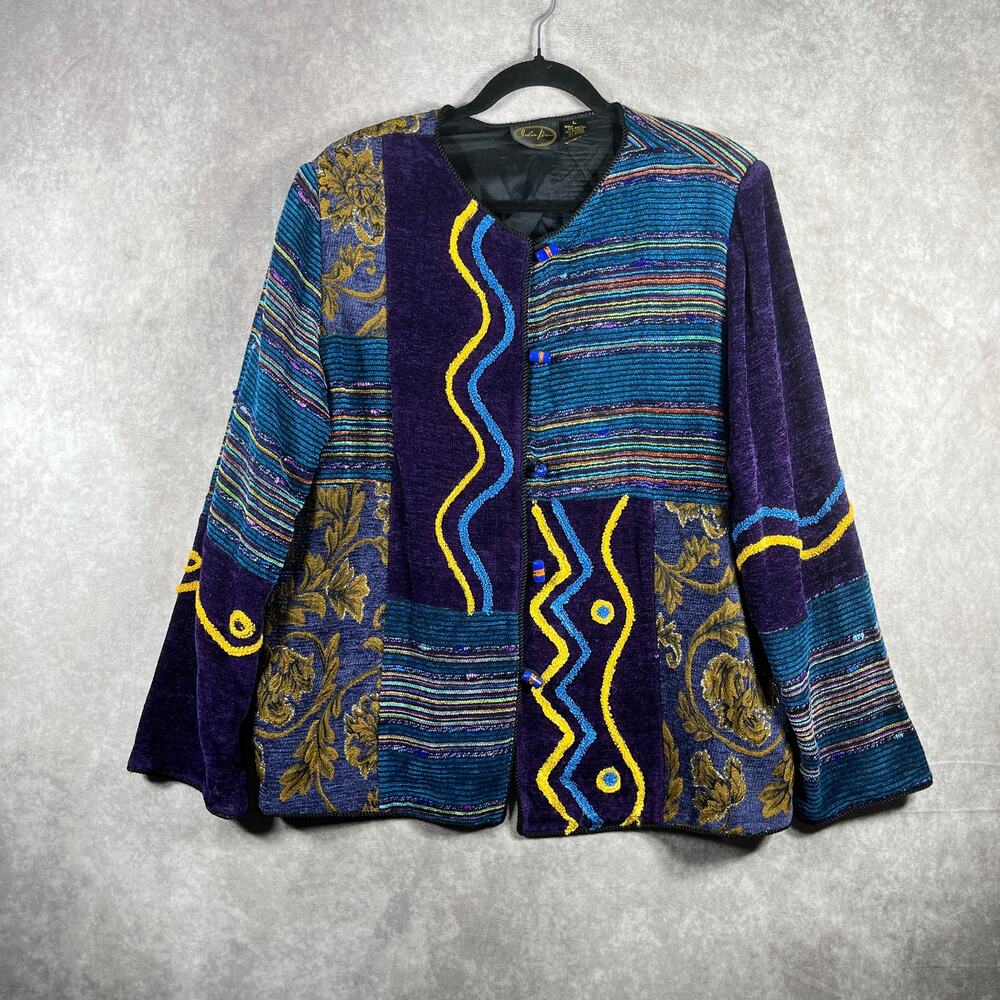 Julia Kim Blazer Jacket Womens L‎ Purple Floral Embroidered Art Retro Old Money